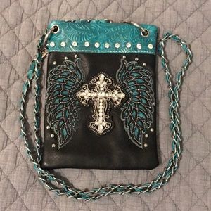 Rhinestone Crossbody Purse Angel Wings & Cross